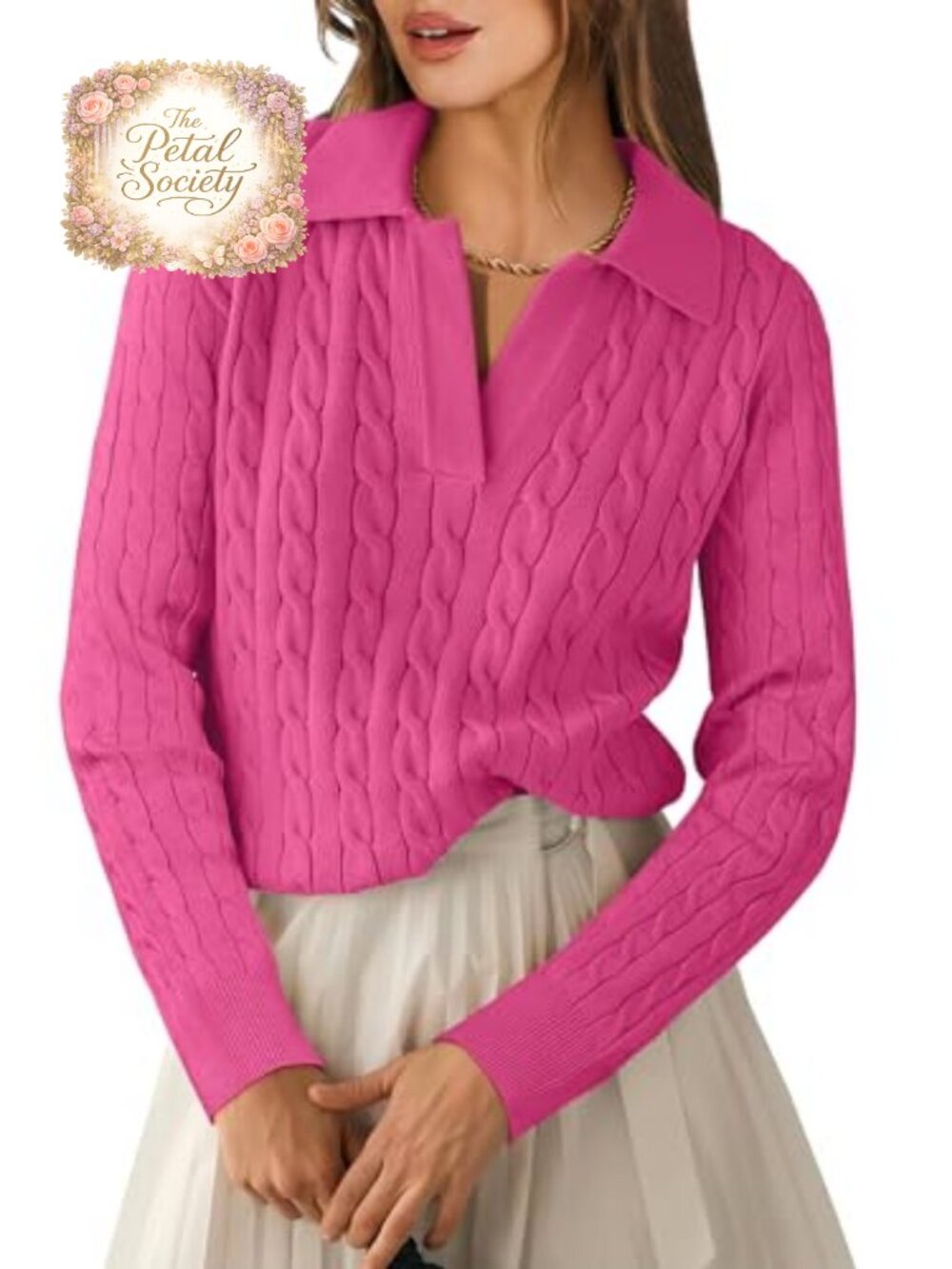 Cable Knit Long Sleeve Polo V-Neck Pullover Sweater